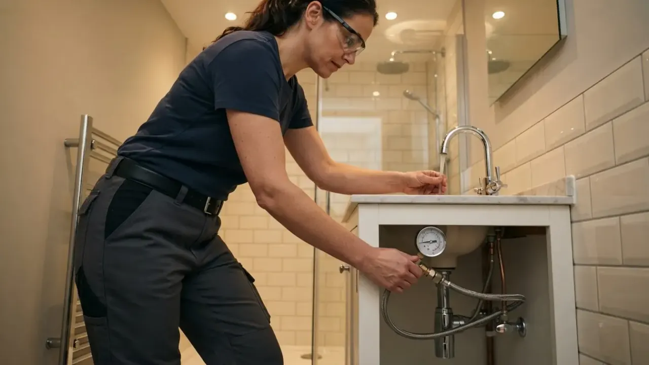 Bathroom Fitters in South London: bathroom fitter inspecting the water pressure at a newly installed tap in an en-suite
