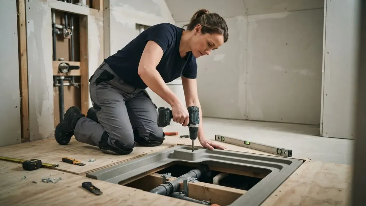 Accessible bathrooms. in South London: bathroom fitter constructing a level access shower area with a slip-resistant floor