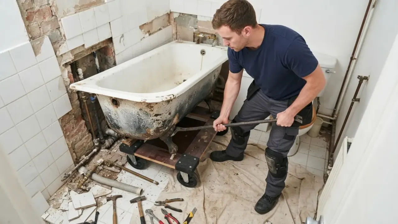 Bath to shower conversion in South London: bathroom fitter removing an old cast iron bathtub from a bathroom, with a pry bar