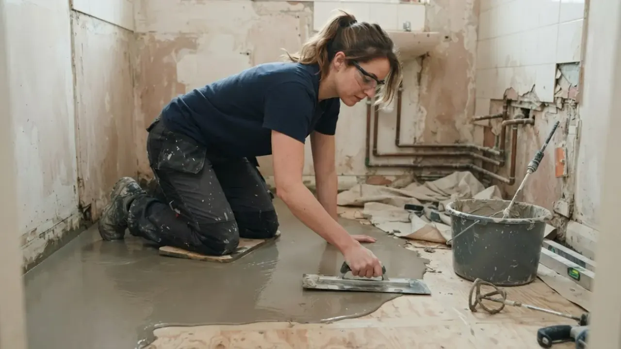 Bathroom renovation and refurbishment in South London: bathroom fitter preparing a subfloor with self-levelling compound