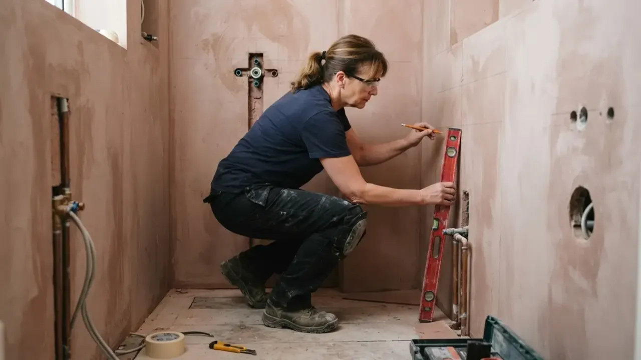 Bathroom installation in South London: bathroom fitter precisely measuring and marking the wall for new sanitaryware