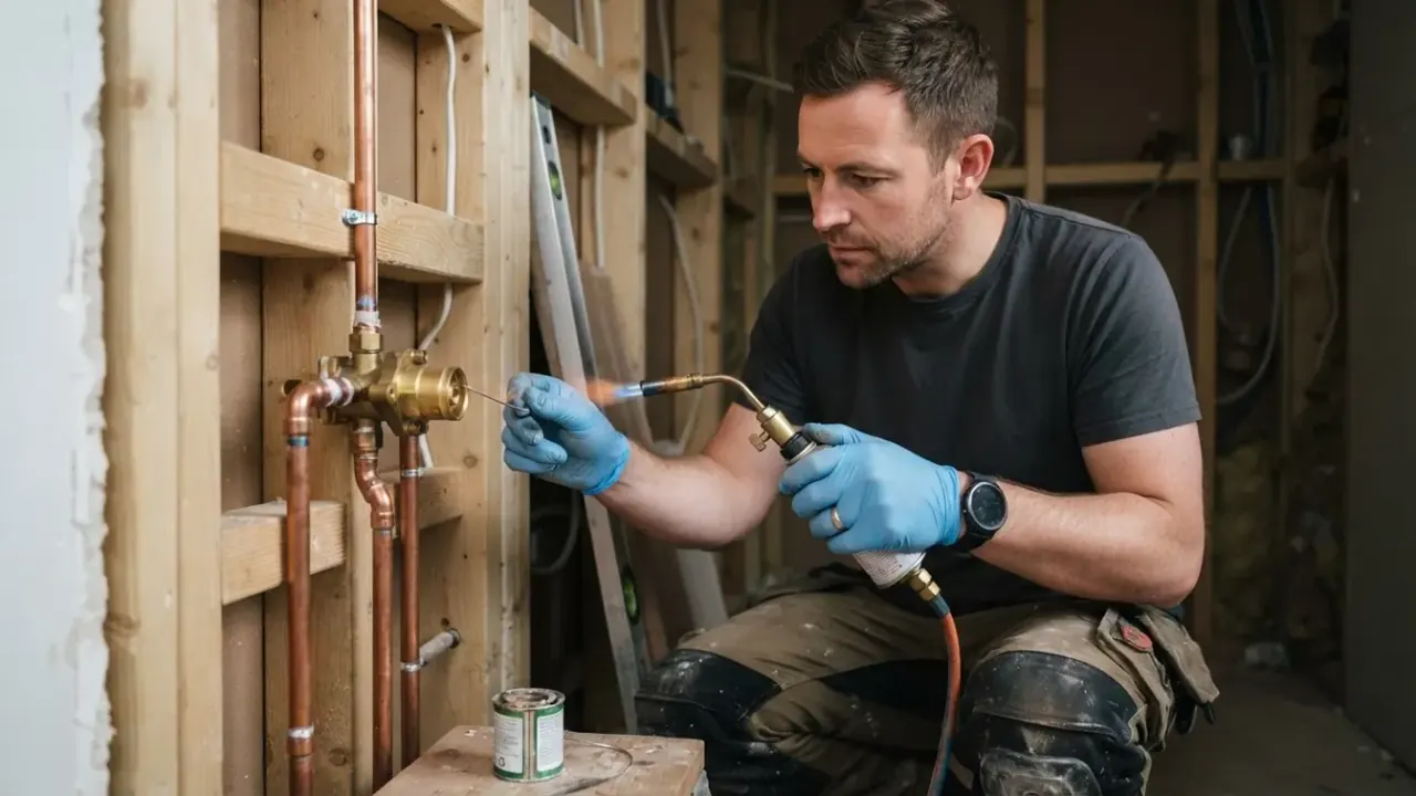 Bathroom Fitters in South London: Close-up of a bathroom fitter soldering copper pipes for a new shower valve within a stud
