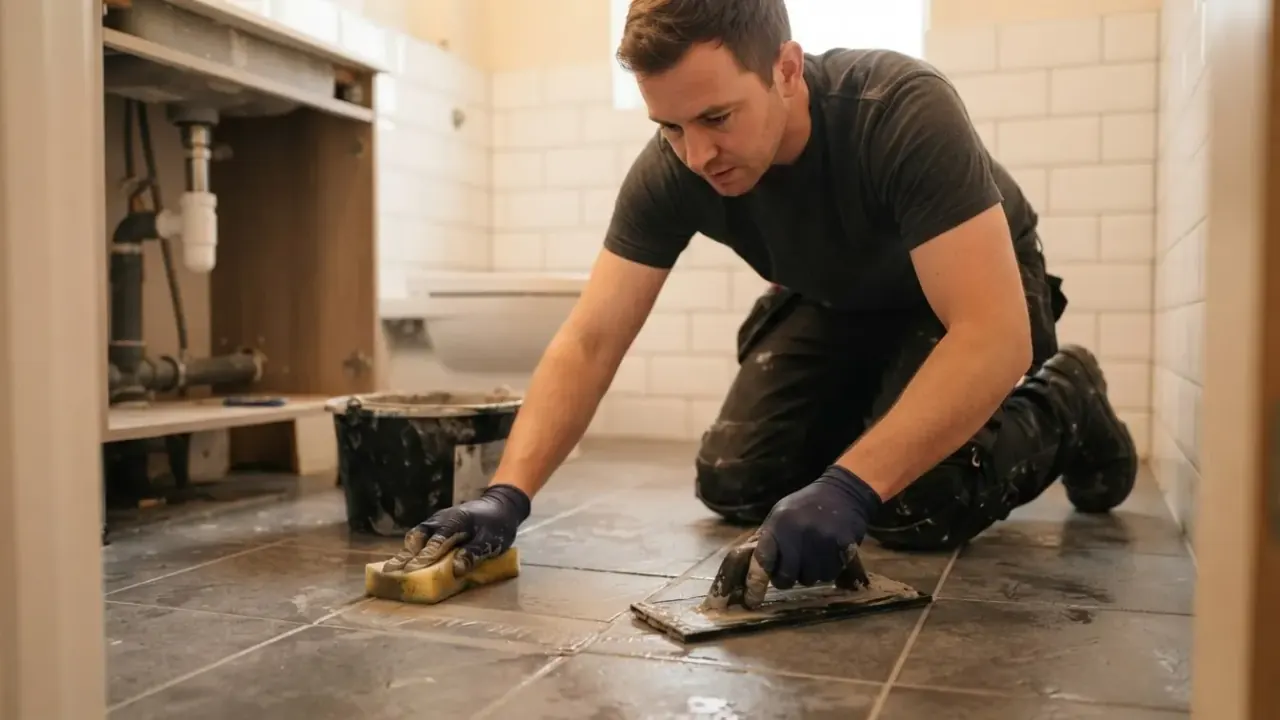 Bathroom tiling and flooring in South London: bathroom fitter grouting newly laid floor tiles with a rubber float, wiping