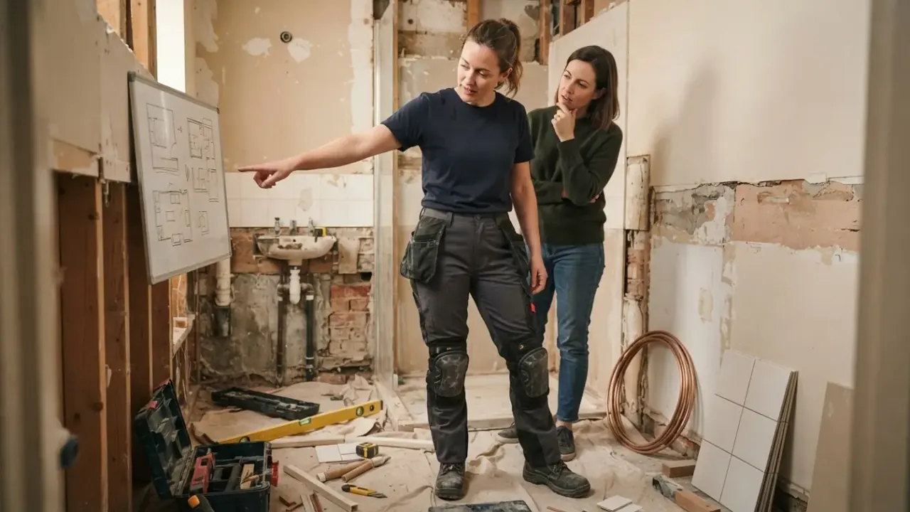 Bathroom Fitters in South London: bathroom fitter consulting with a homeowner in a partially demolished bathroom, pointing