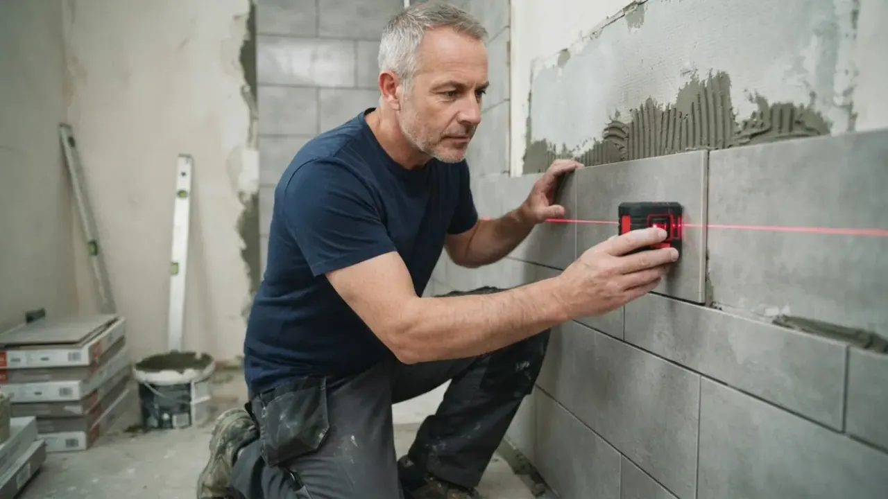 Bathroom Fitters in South London: Close-up of a bathroom fitter using a laser level to ensure perfectly straight tile lines