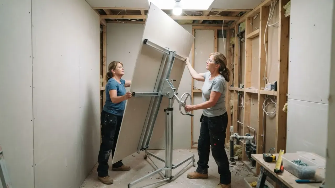 Bathroom Fitters in South London: team of two bathroom fitters lifting a large sheet of plasterboard into place on a