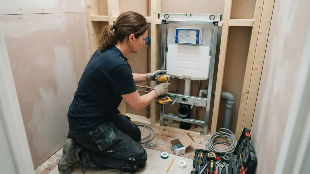 En-suites and cloakroom toilets in South London: bathroom fitter installing a wall-hung toilet frame and cistern into a