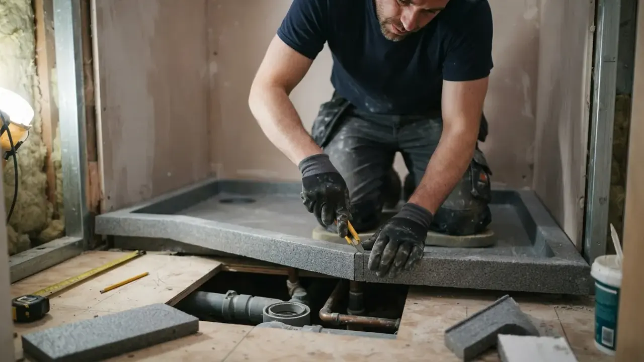 Bathroom Fitters in South London: bathroom fitter preparing a waterproof shower base with a specialized pre-formed former