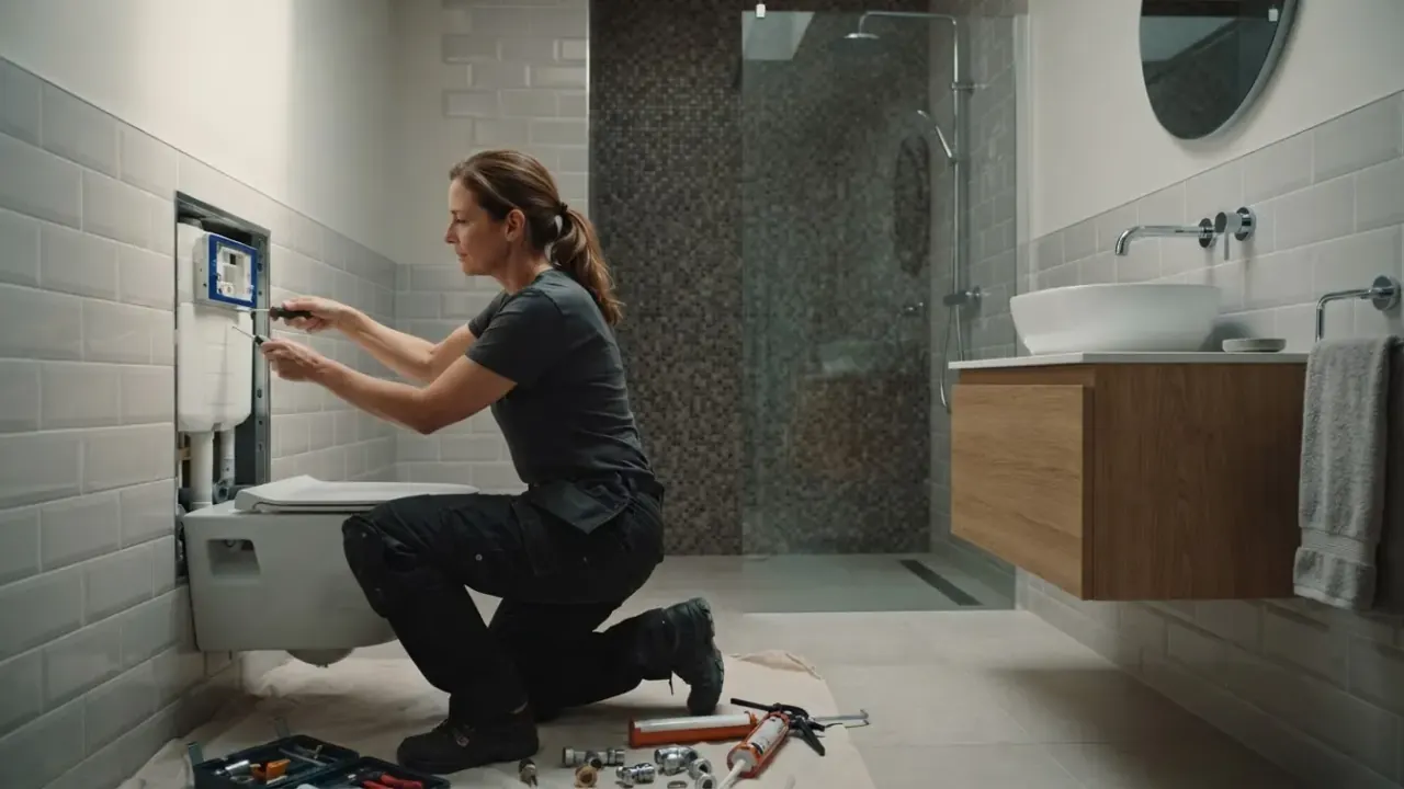 Bathroom Fitters in South London: completed, high-quality modern bathroom with a neatly tiled walk-in shower, wall-hung
