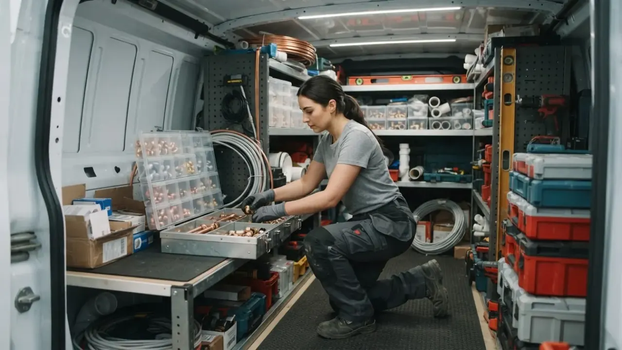 Bathroom Fitters in South London: Interior of a well-organized white service van, showing stacked toolboxes, pipe fittings