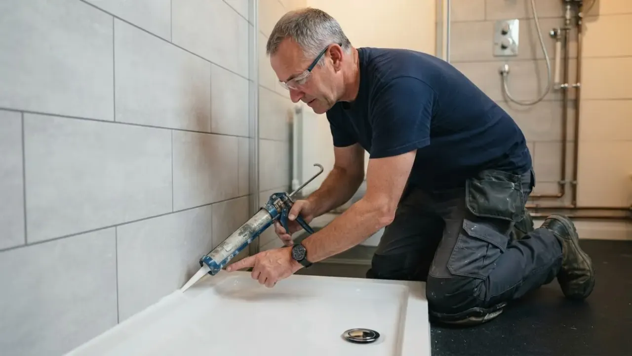 Shower installation and walk-in showers in South London: bathroom fitter sealing the joints of a new shower tray with a