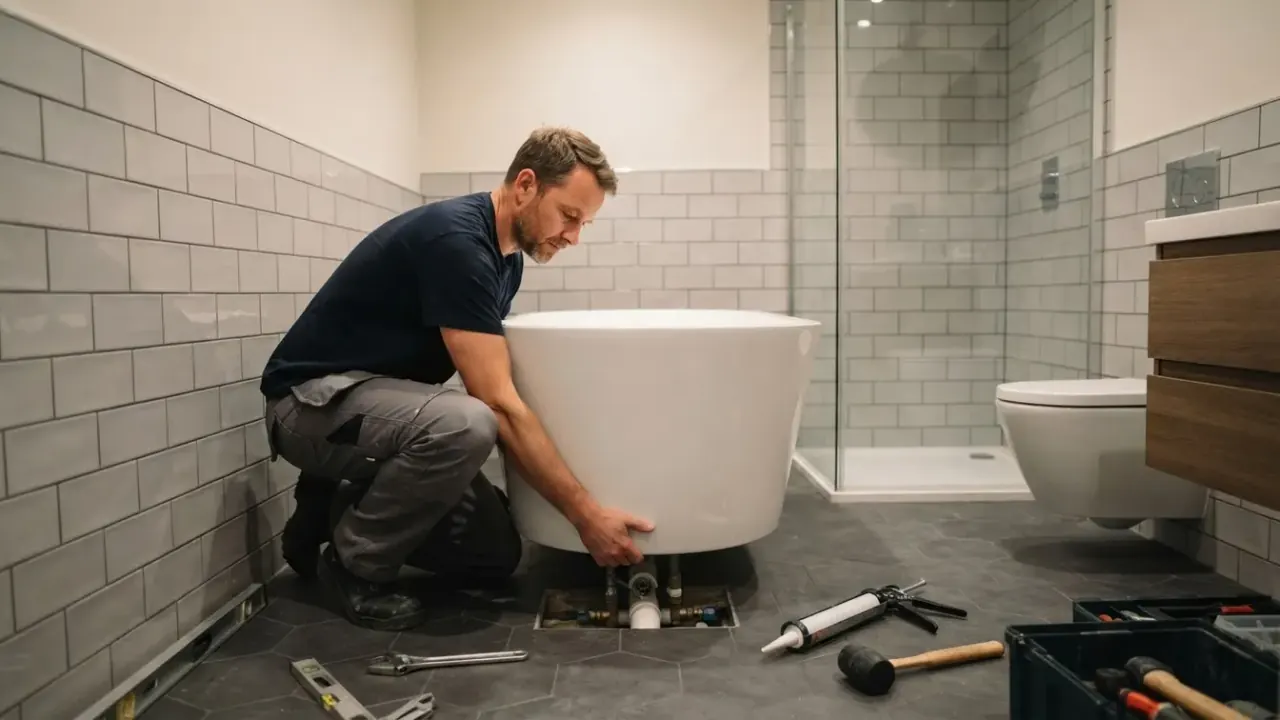 Bathroom Fitters in South London: bathroom fitter carefully positioning a heavy, freestanding bath onto prepared waste pipes