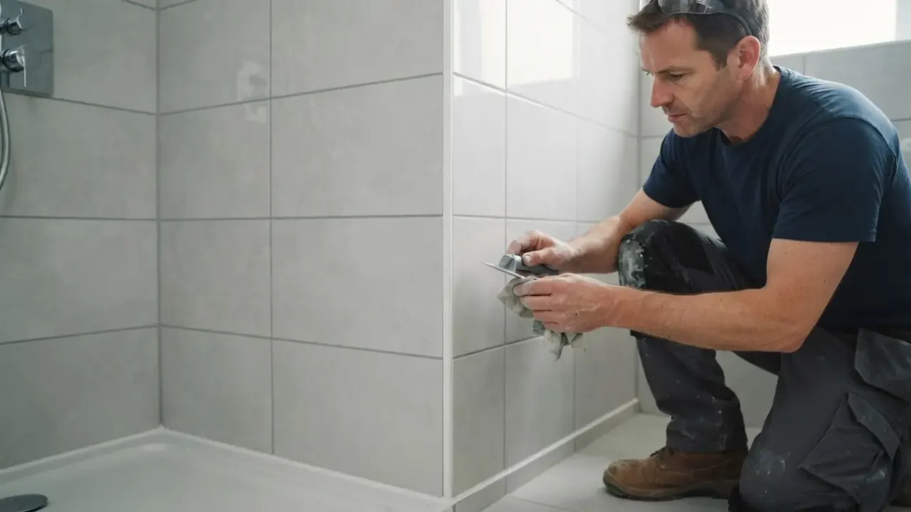 Bathroom Fitters in South London: Detail shot of a perfectly sealed and grouted corner join between two tiled walls in a