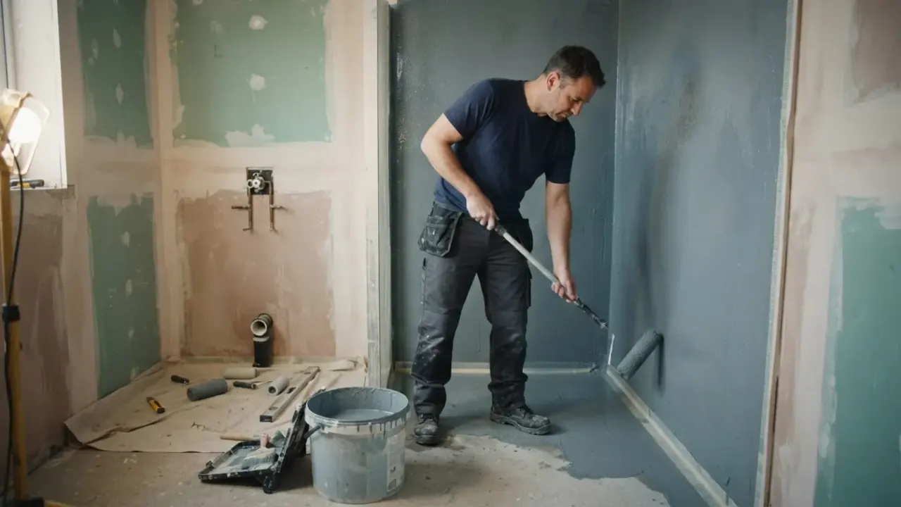 Wet rooms in South London: bathroom fitter applying waterproof tanking membrane to the walls and floor of a bathroom, using